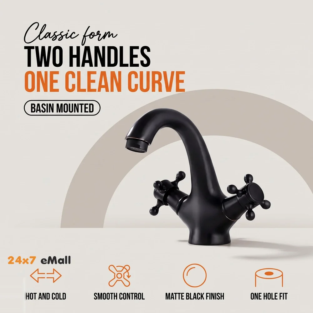 Black Waterfall Bathroom Tap Knob Controlled Hot and Cold Basin Mixer with 2 Pipes, 6 inch Tap for Wash Basins, Basin Mounted with Ceramic Cartridge