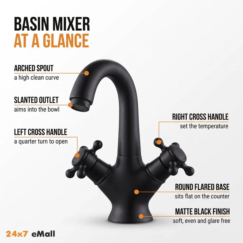 Black Waterfall Bathroom Tap Knob Controlled Hot and Cold Basin Mixer with 2 Pipes, 6 inch Tap for Wash Basins, Basin Mounted with Ceramic Cartridge