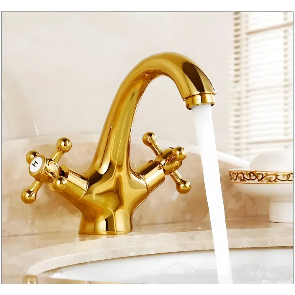 Gold Faucet Tap Mixer Hot and Cold Water Traditional Collection Zinc Heavy Knob Basin Mixer 6 inches with Connector Pipes and Ceramic Cartridge