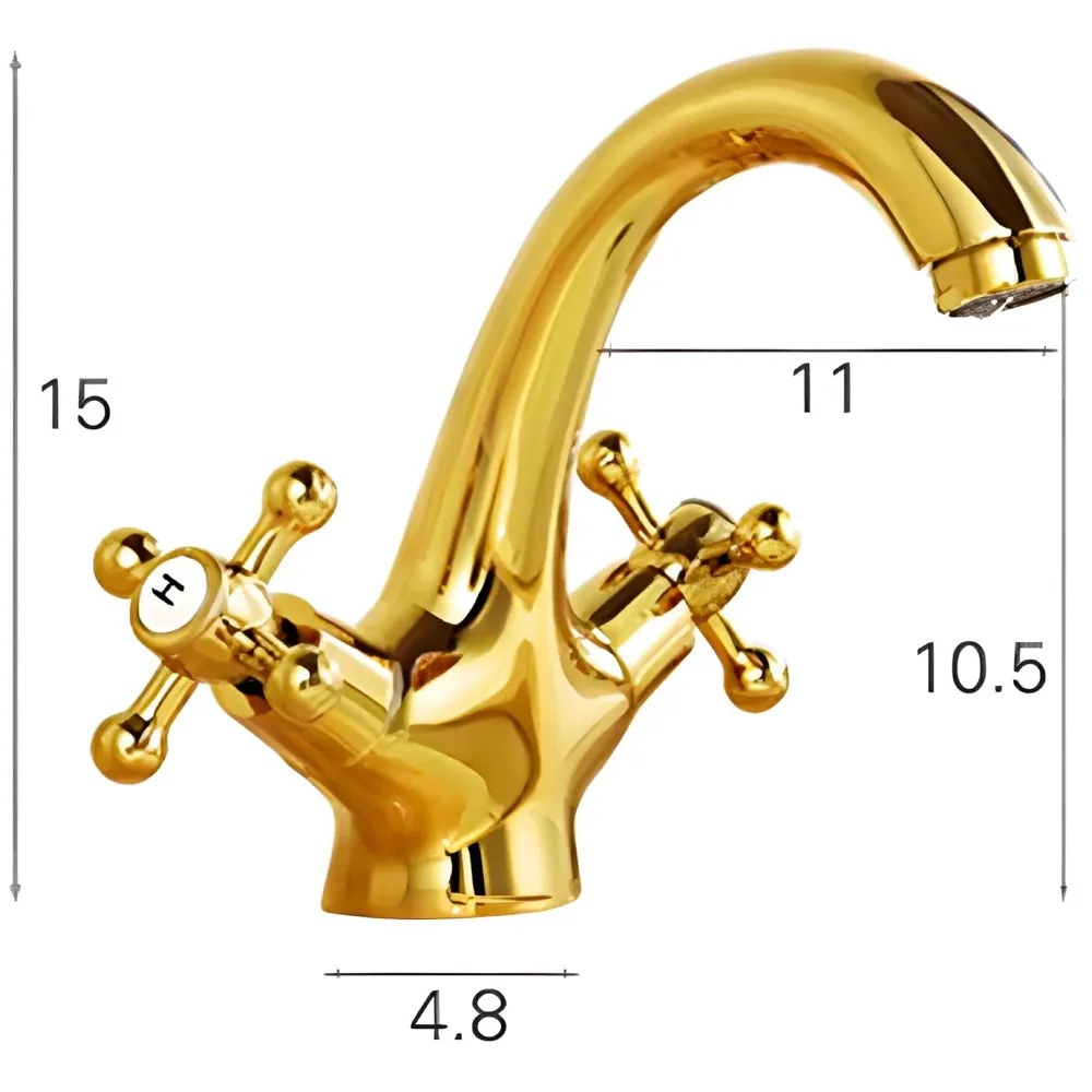 Gold Faucet Tap Mixer Hot and Cold Water Traditional Collection Zinc Heavy Knob Basin Mixer 6 inches with Connector Pipes and Ceramic Cartridge