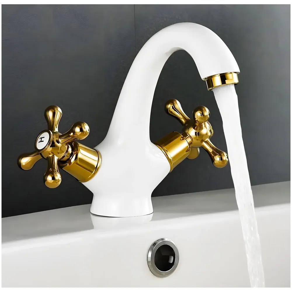 White Gold Faucet Tap Mixer Hot and Cold Water Traditional Collection Zinc Heavy Knob Basin Mixer 6 inches with Connector Pipes and Ceramic Cartridge