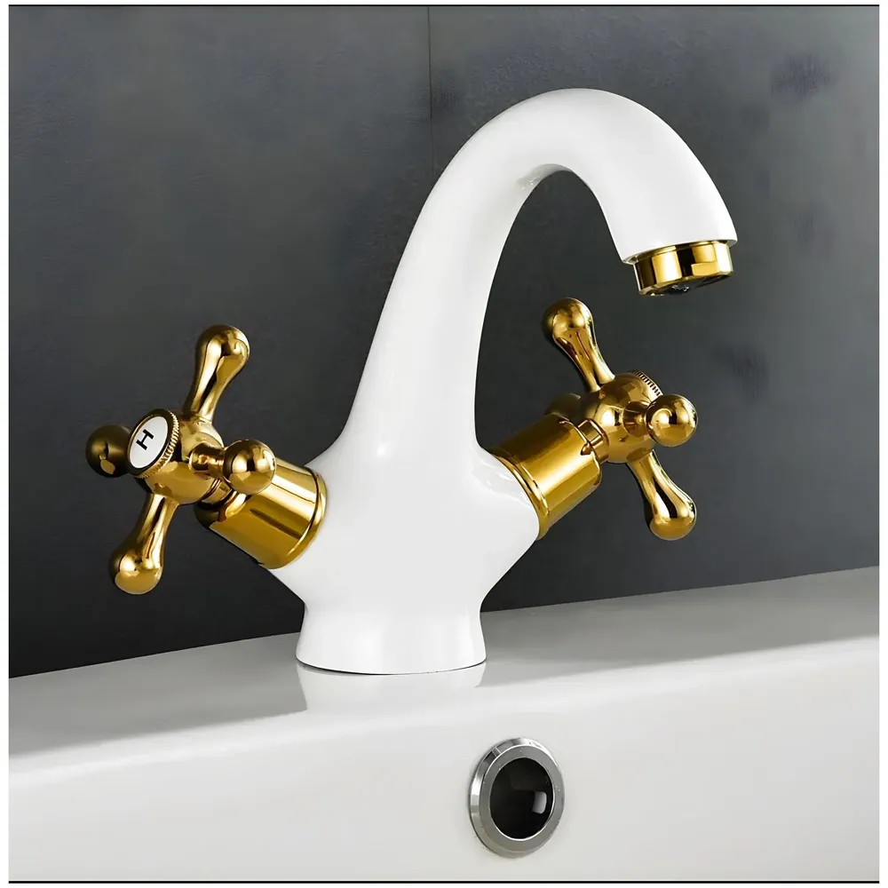 White Gold Faucet Tap Mixer Hot and Cold Water Traditional Collection Zinc Heavy Knob Basin Mixer 6 inches with Connector Pipes and Ceramic Cartridge