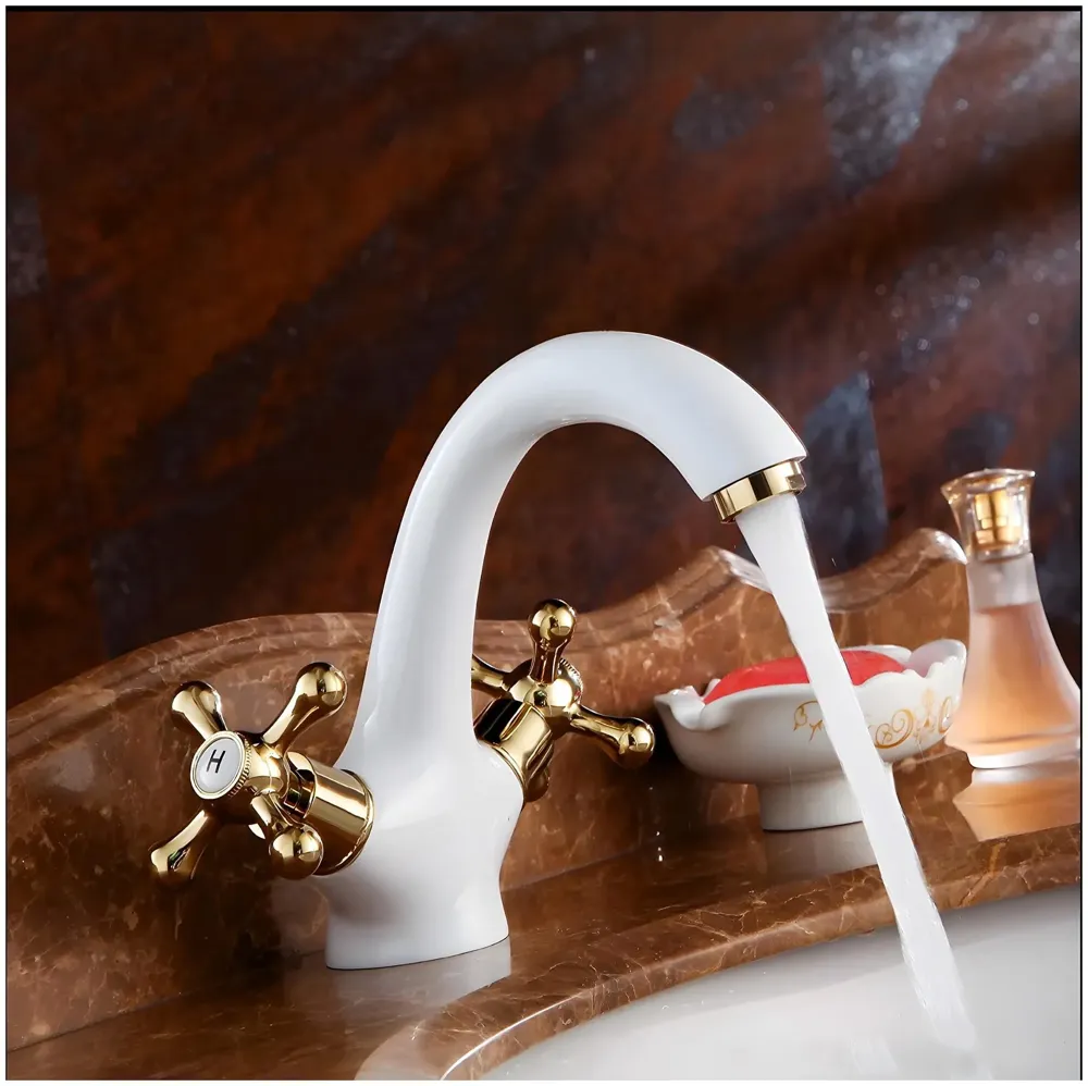 White Gold Faucet Tap Mixer Hot and Cold Water Traditional Collection Zinc Heavy Knob Basin Mixer 6 inches with Connector Pipes and Ceramic Cartridge
