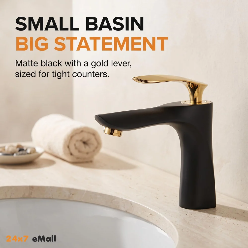 Black Gold Faucet Tap Mixer Hot and Cold Water Heavy Single Lever Basin Mixer 7 inches with Connector Pipes and Ceramic Cartridge for Bathroom Wash Basins