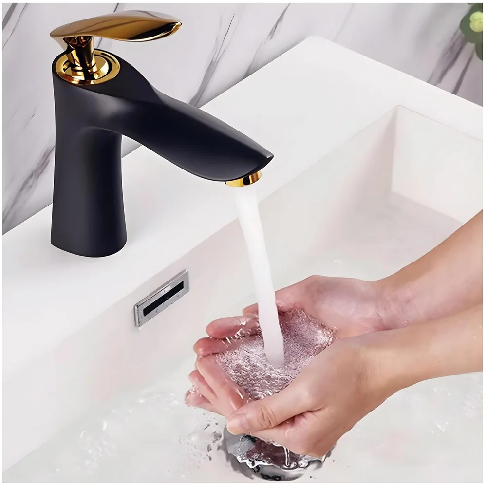 Black Gold Faucet Tap Mixer Hot and Cold Water Heavy Single Lever Basin Mixer 7 inches with Connector Pipes and Ceramic Cartridge for Bathroom Wash Basins