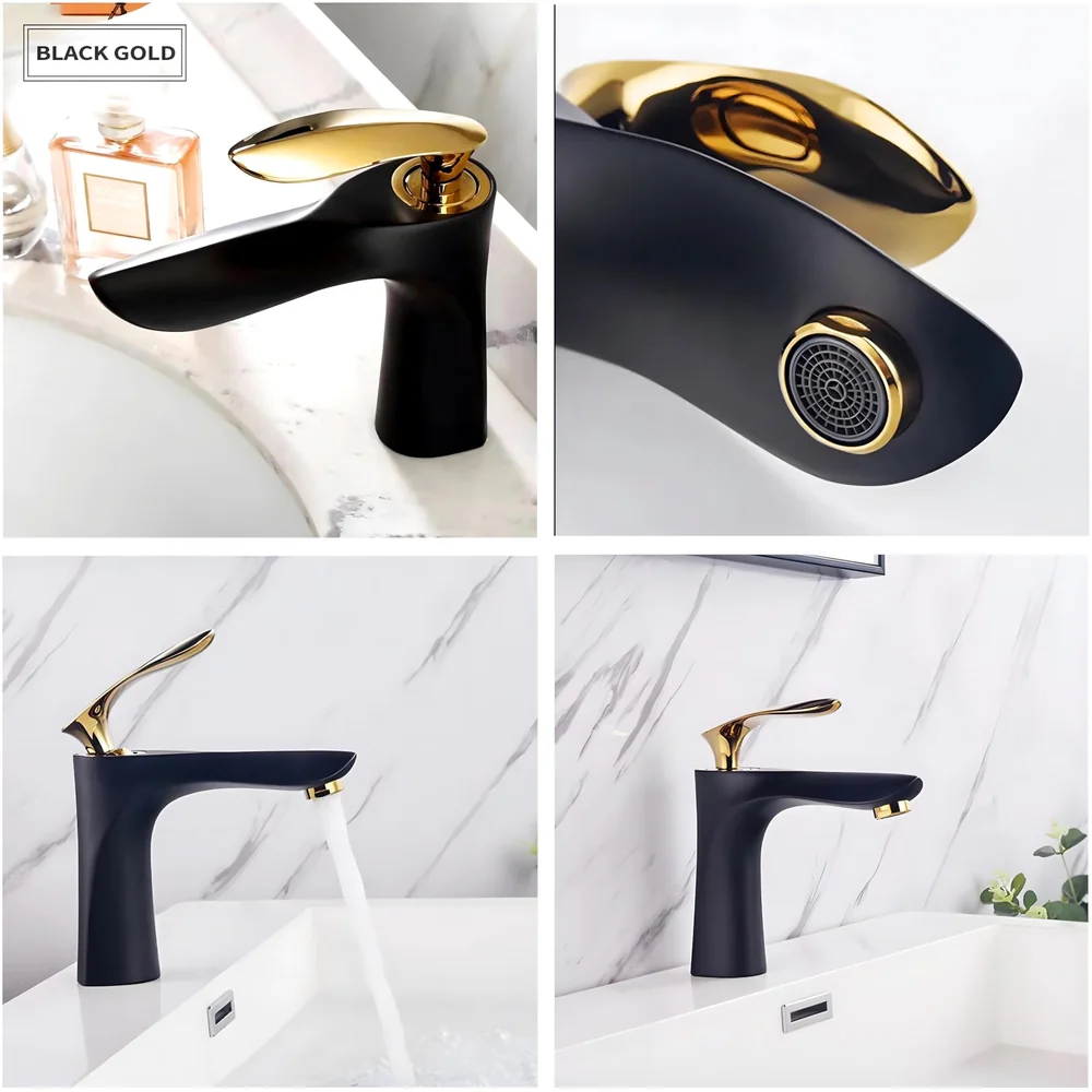 Black Gold Faucet Tap Mixer Hot and Cold Water Heavy Single Lever Basin Mixer 7 inches with Connector Pipes and Ceramic Cartridge for Bathroom Wash Basins