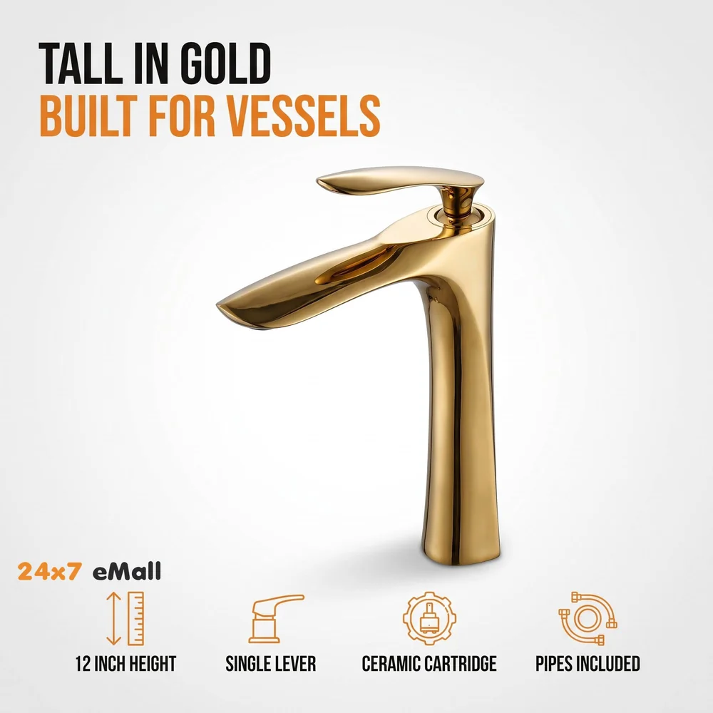 Full Gold Faucet Tap Mixer Hot and Cold Water Heavy Single Lever Basin Mixer 12 inches with Connector Pipes and Ceramic Cartridge for Bathroom Wash Basins