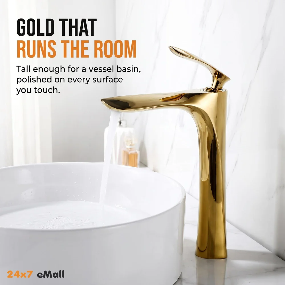 Full Gold Faucet Tap Mixer Hot and Cold Water Heavy Single Lever Basin Mixer 12 inches with Connector Pipes and Ceramic Cartridge for Bathroom Wash Basins