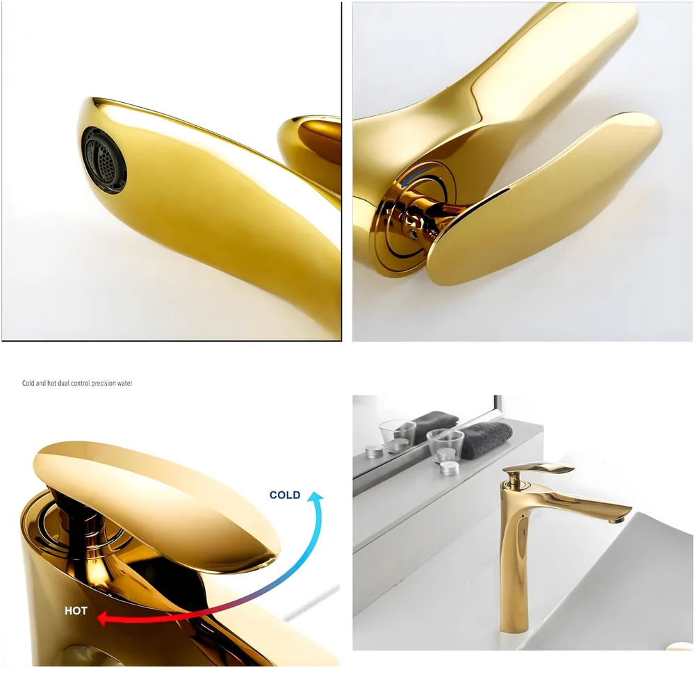 Full Gold Faucet Tap Mixer Hot and Cold Water Heavy Single Lever Basin Mixer 12 inches with Connector Pipes and Ceramic Cartridge for Bathroom Wash Basins