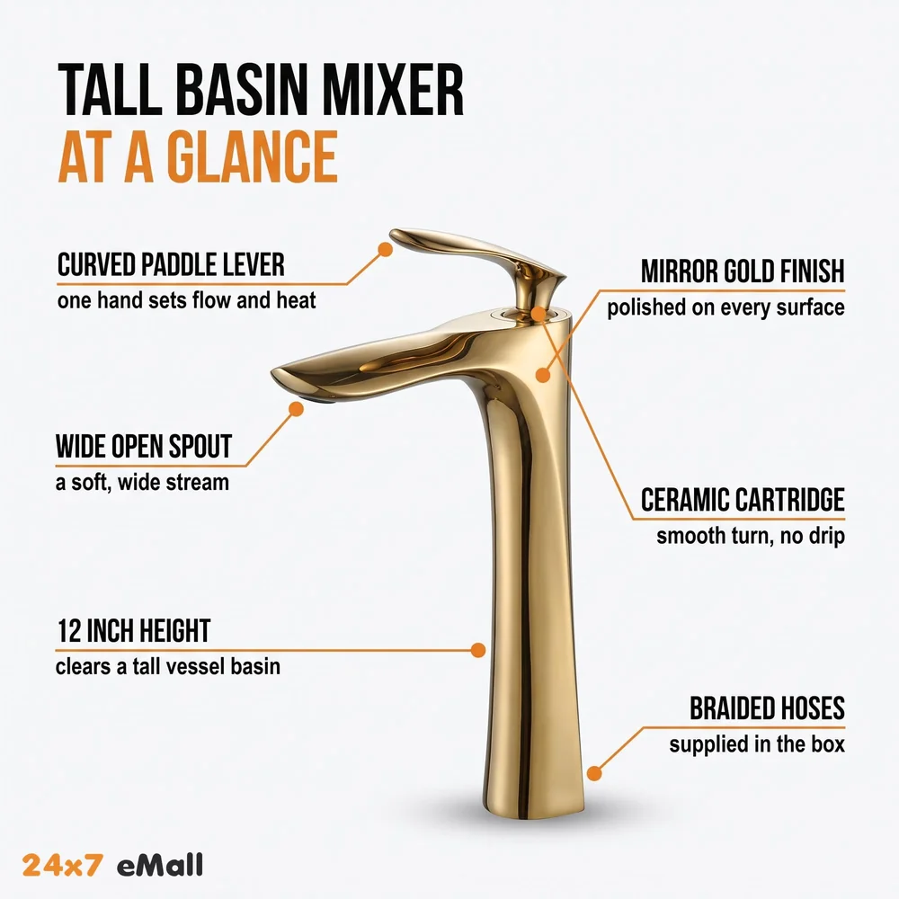 Full Gold Faucet Tap Mixer Hot and Cold Water Heavy Single Lever Basin Mixer 12 inches with Connector Pipes and Ceramic Cartridge for Bathroom Wash Basins