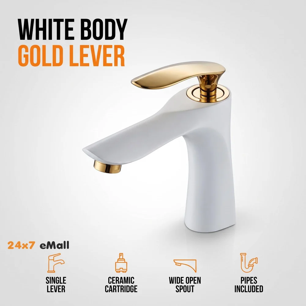 White Gold Faucet Tap Mixer Hot and Cold Water Heavy Single Lever Basin Mixer 7 inches with Connector Pipes and Ceramic Cartridge for Bathroom Wash Basins