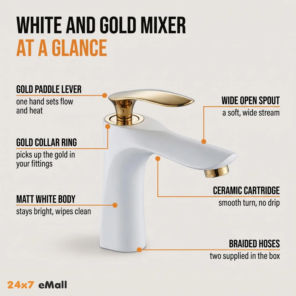 White Gold Faucet Tap Mixer Hot and Cold Water Heavy Single Lever Basin Mixer 7 inches with Connector Pipes and Ceramic Cartridge for Bathroom Wash Basins