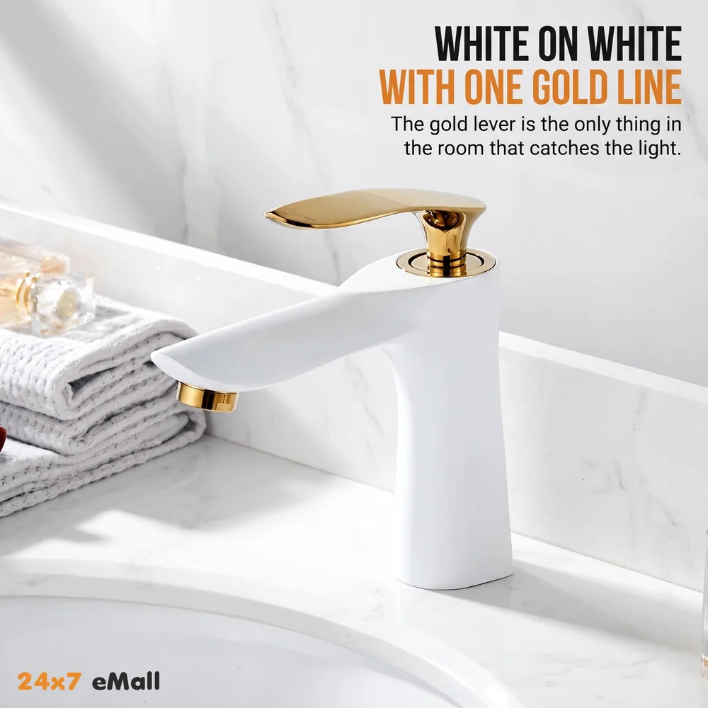 White Gold Faucet Tap Mixer Hot and Cold Water Heavy Single Lever Basin Mixer 7 inches with Connector Pipes and Ceramic Cartridge for Bathroom Wash Basins