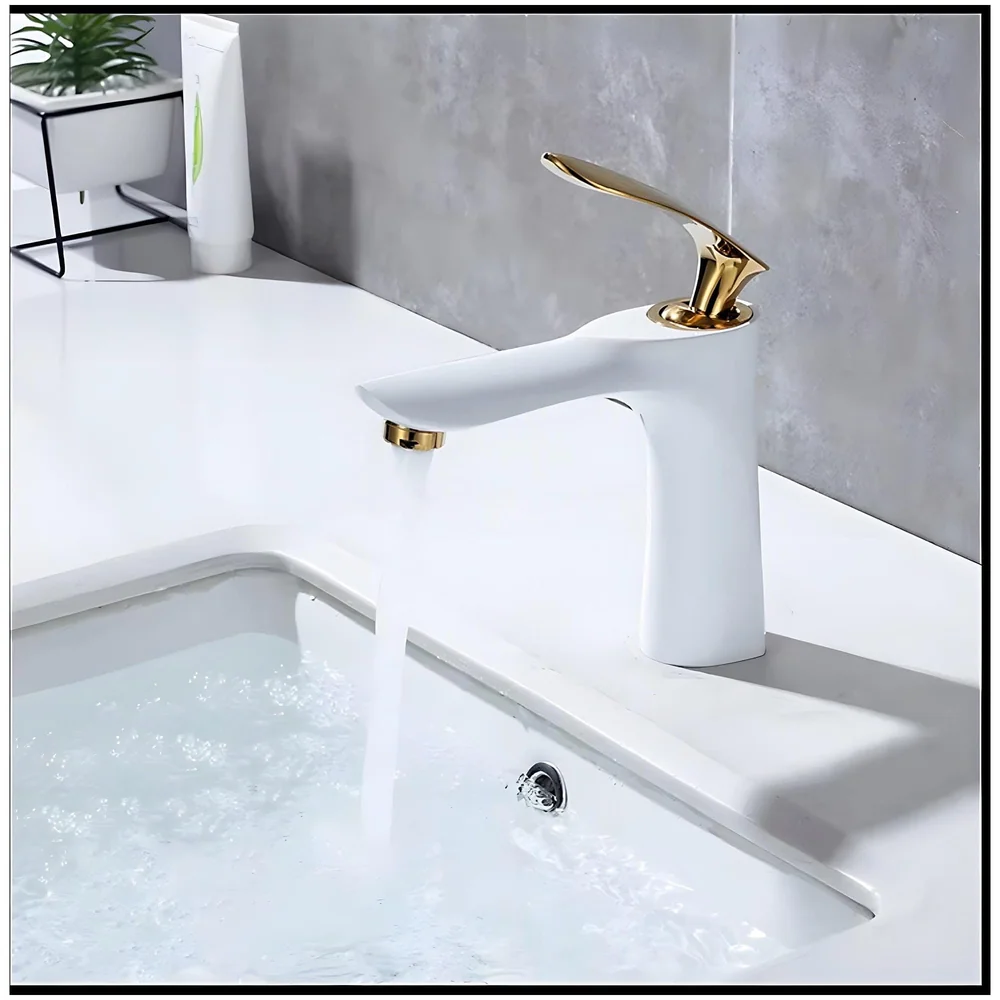 White Gold Faucet Tap Mixer Hot and Cold Water Heavy Single Lever Basin Mixer 7 inches with Connector Pipes and Ceramic Cartridge for Bathroom Wash Basins
