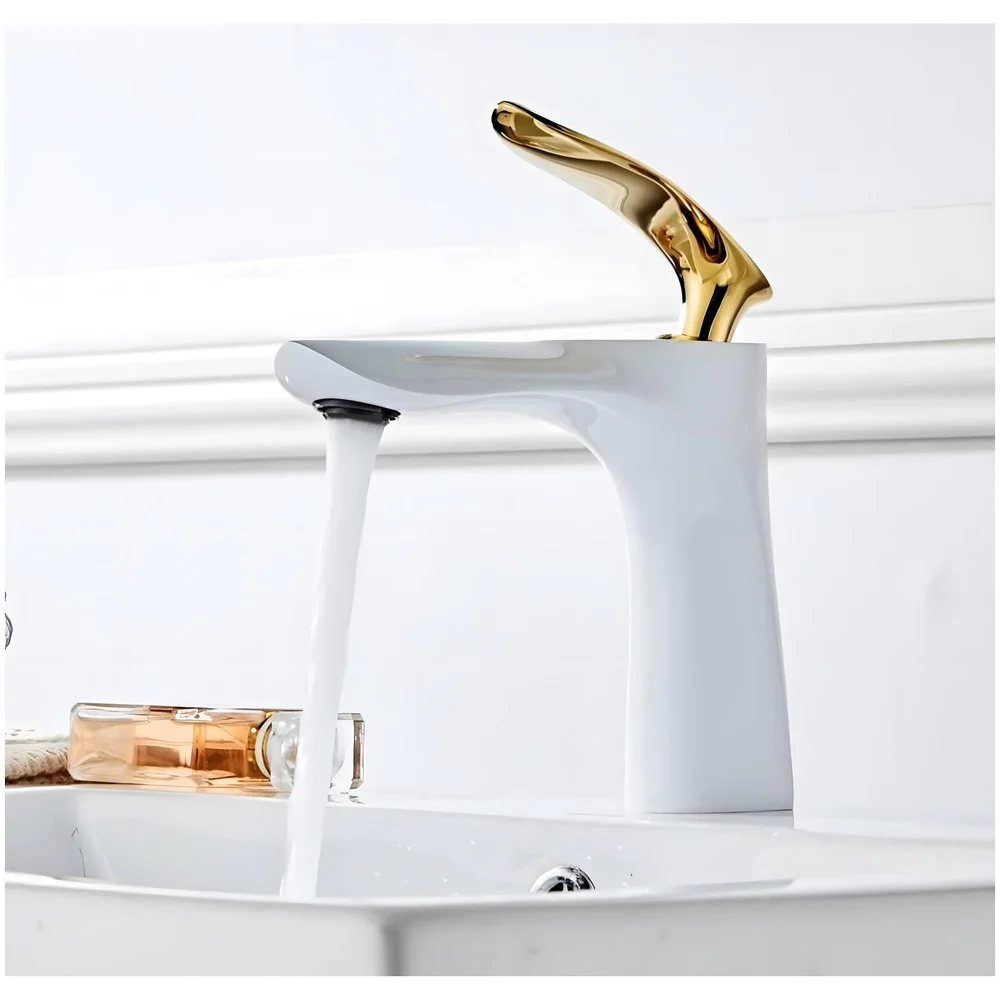 White Gold Faucet Tap Mixer Hot and Cold Water Heavy Single Lever Basin Mixer 7 inches with Connector Pipes and Ceramic Cartridge for Bathroom Wash Basins