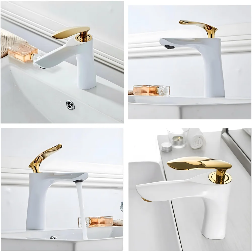 White Gold Faucet Tap Mixer Hot and Cold Water Heavy Single Lever Basin Mixer 7 inches with Connector Pipes and Ceramic Cartridge for Bathroom Wash Basins