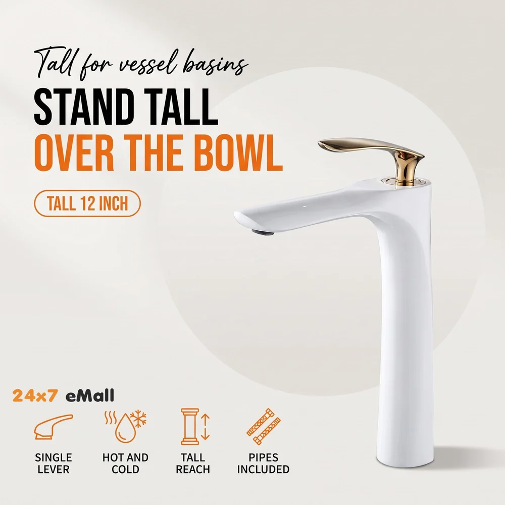 White Gold Faucet Tap Mixer Hot and Cold Water Heavy Single Lever Basin Mixer 12 inches with Connector Pipes and Ceramic Cartridge for Bathroom Wash Basins