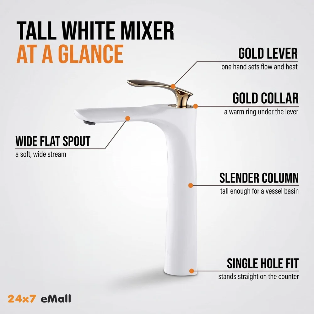 White Gold Faucet Tap Mixer Hot and Cold Water Heavy Single Lever Basin Mixer 12 inches with Connector Pipes and Ceramic Cartridge for Bathroom Wash Basins