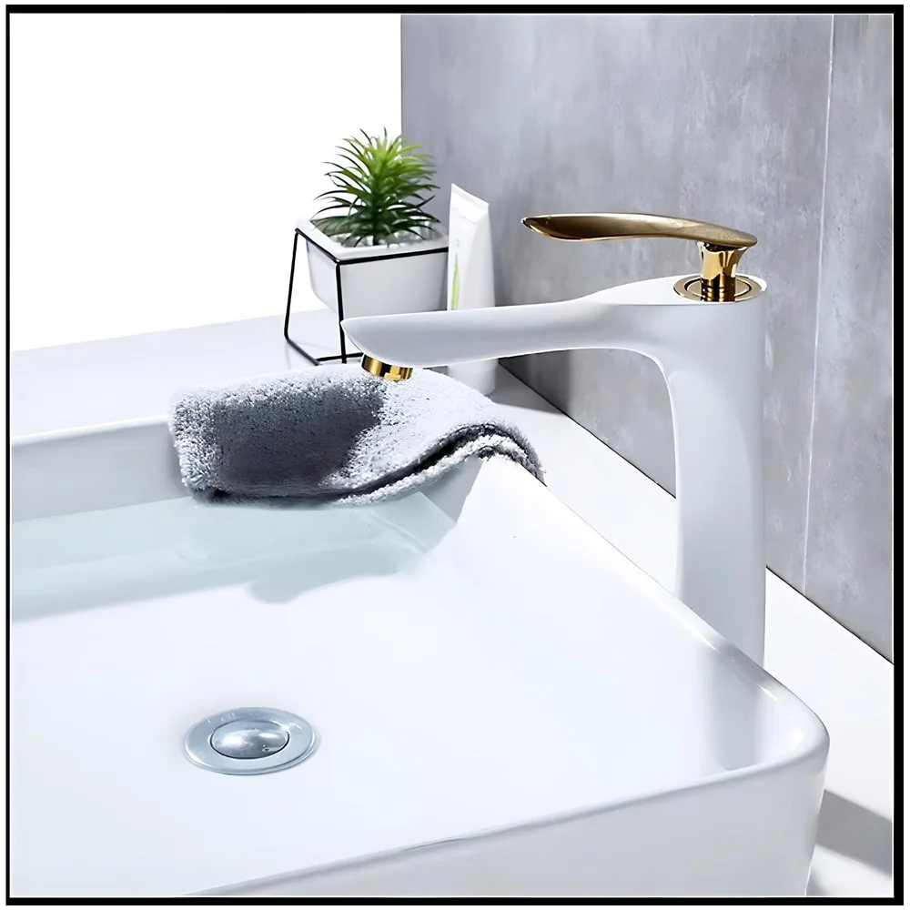 White Gold Faucet Tap Mixer Hot and Cold Water Heavy Single Lever Basin Mixer 12 inches with Connector Pipes and Ceramic Cartridge for Bathroom Wash Basins