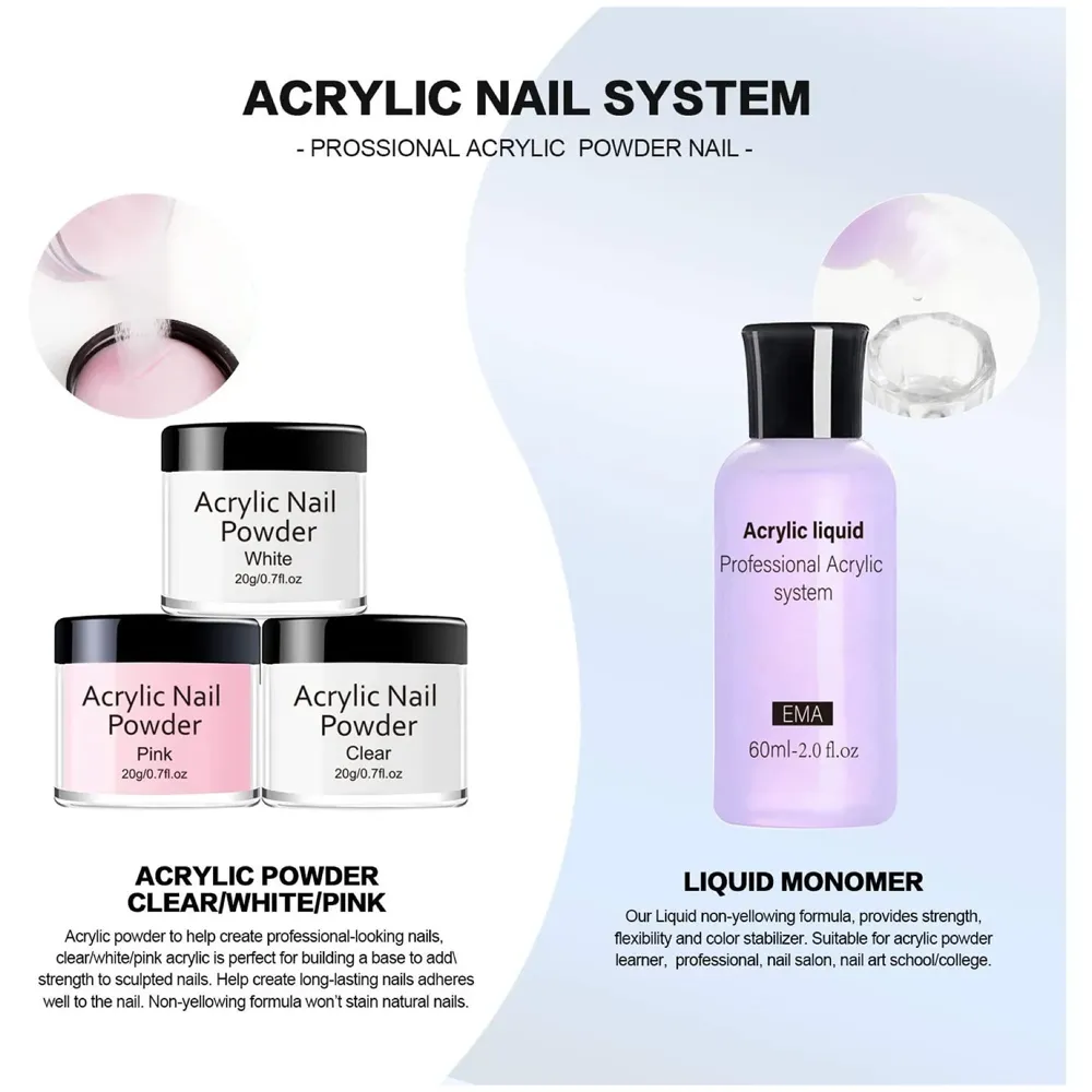 Monomer And 3 Acrylic Powder Kit with Professional Monomer For Nail Extension Acrylic Nail Brush for nail art