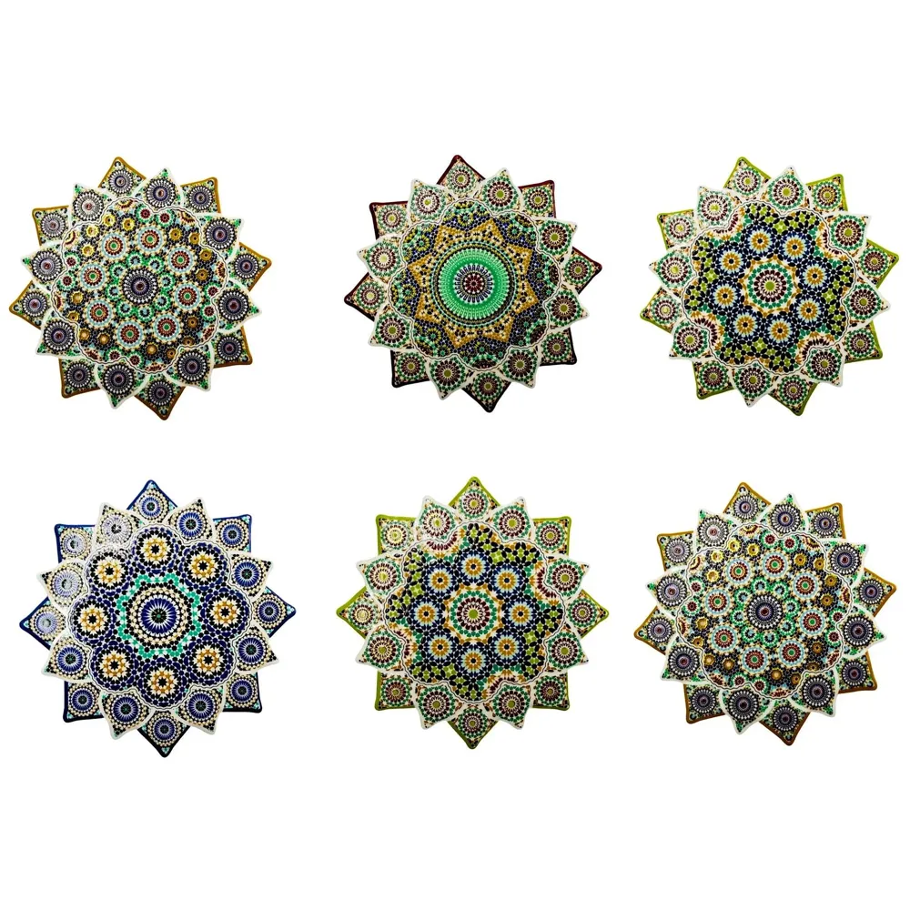 Star Moroccan Design Ceramic Coasters for Table Decor, Set of 6 | U.V. Printed Flower Shaped Ceramic with Cork Base for Anti-Skid | Gift for Housewarming Room Bar Decor (4.5 inches)
