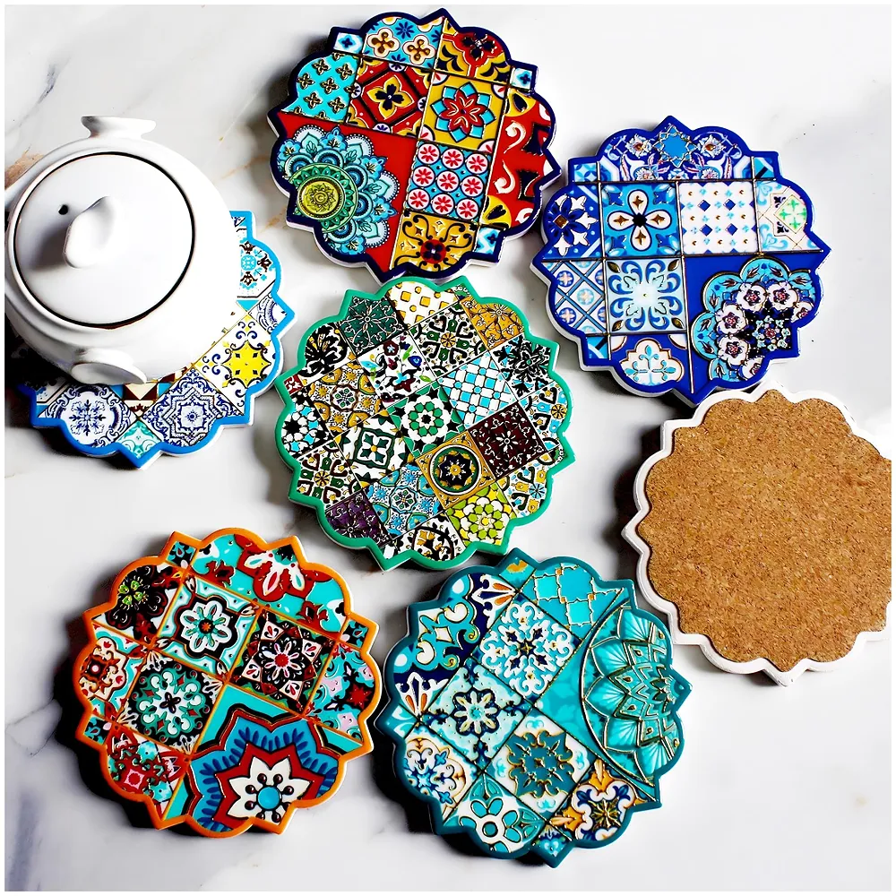 Set of 6 Moroccan Ceramic Coasters UV Printed Cork Base 4.4 inch