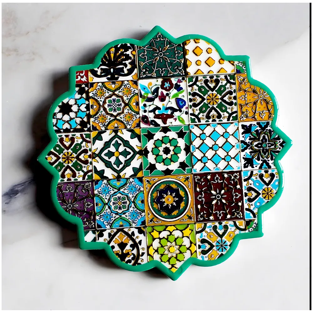 Set of 6 Moroccan Ceramic Coasters UV Printed Cork Base 4.4 inch