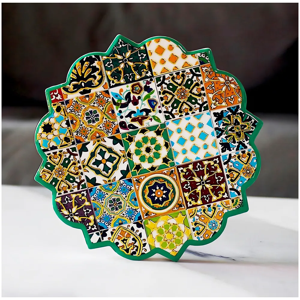 Set of 6 Moroccan Ceramic Coasters UV Printed Cork Base 4.4 inch