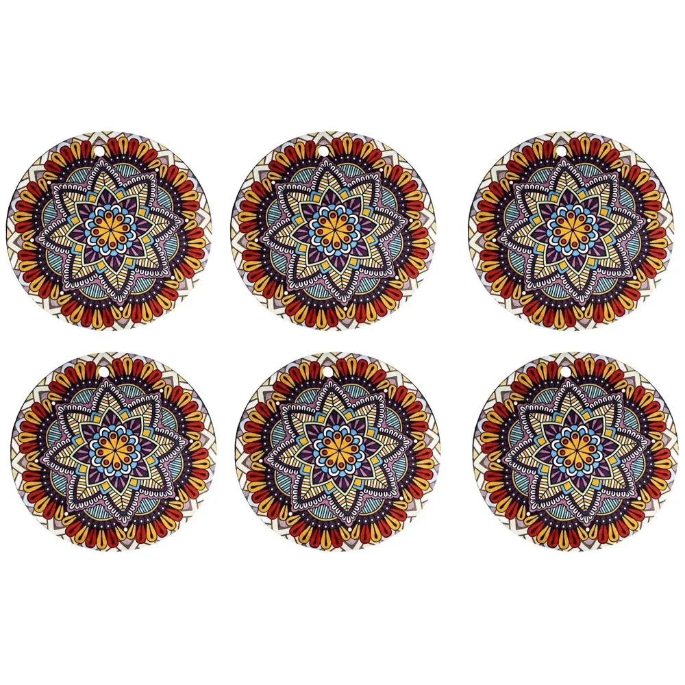 6 Pcs Moroccan Design PVC Flexible Coasters for Table Decor, Set of 6 Printed Flower Shaped Base for Anti-Skid | Gift for Housewarming Room Bar Decor (4 inches) Red Small