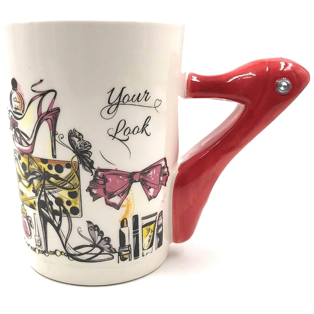 3-D Molded, High Heels Ceramic Mug with Spoon and Lid - Box Packed and High Detailing