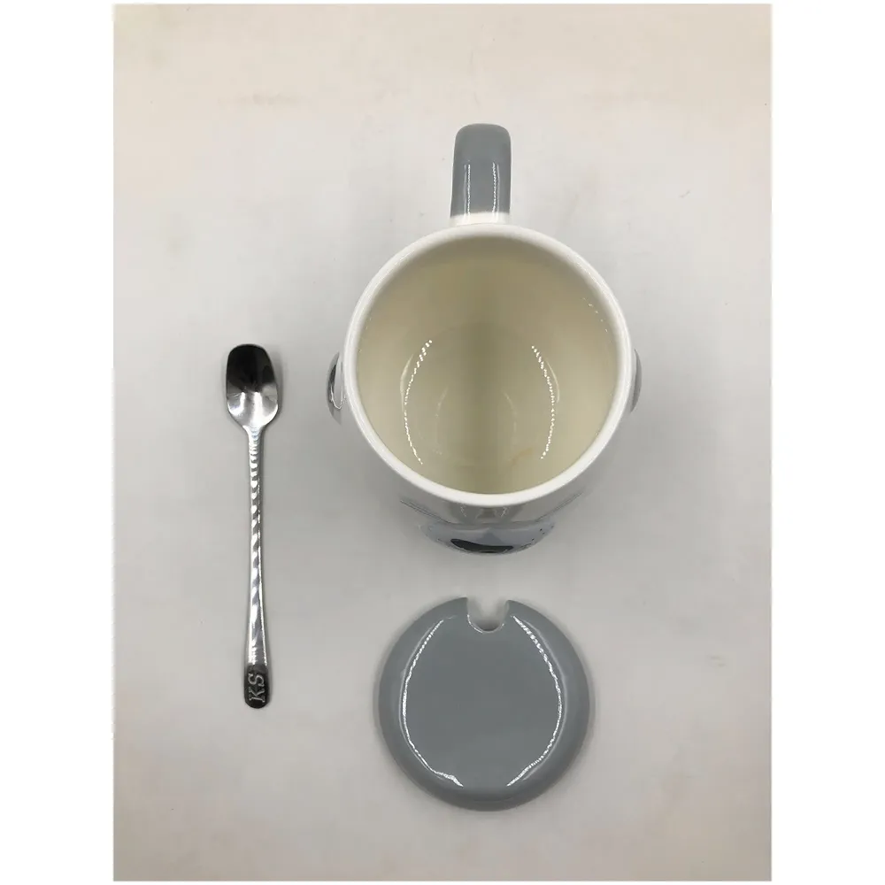 3-D Molded I Cute Animal Ceramic Mug with Spoon and Lid ~ Box Packed and High Detailing (Grey Dog Laughing)