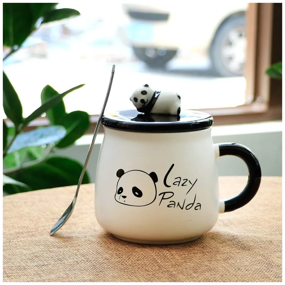 3-D Molded I Cute Animal Ceramic Mug With Spoon And Lid ~ Box Packed And High Detailing (Lazy Panda)