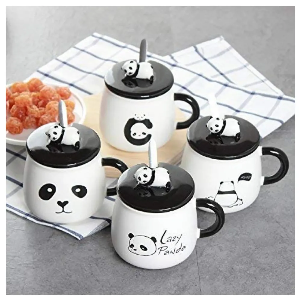 3-D Molded I Cute Animal Ceramic Mug with Spoon and Lid ~ Box Packed and High Details (Panda Face)