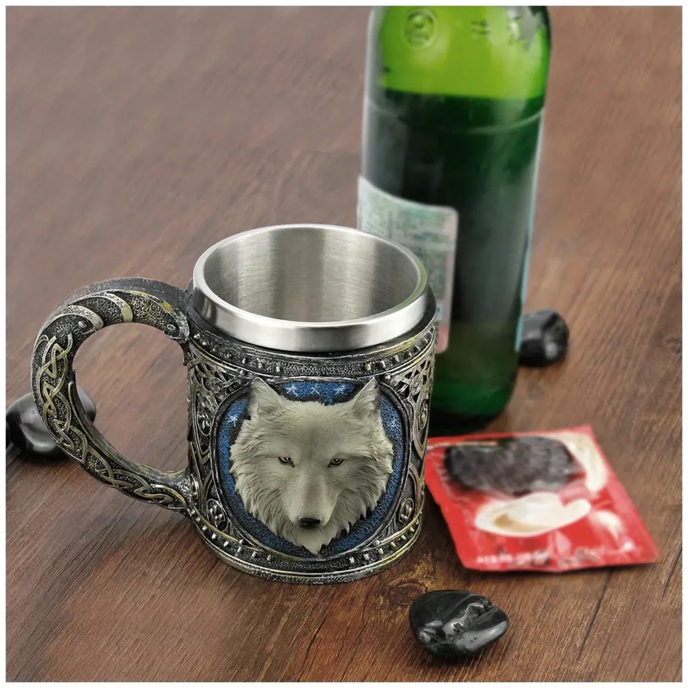 3D Skull Mug Stainless Steel 301-400ml Coffee Tea Cup (Wolf)