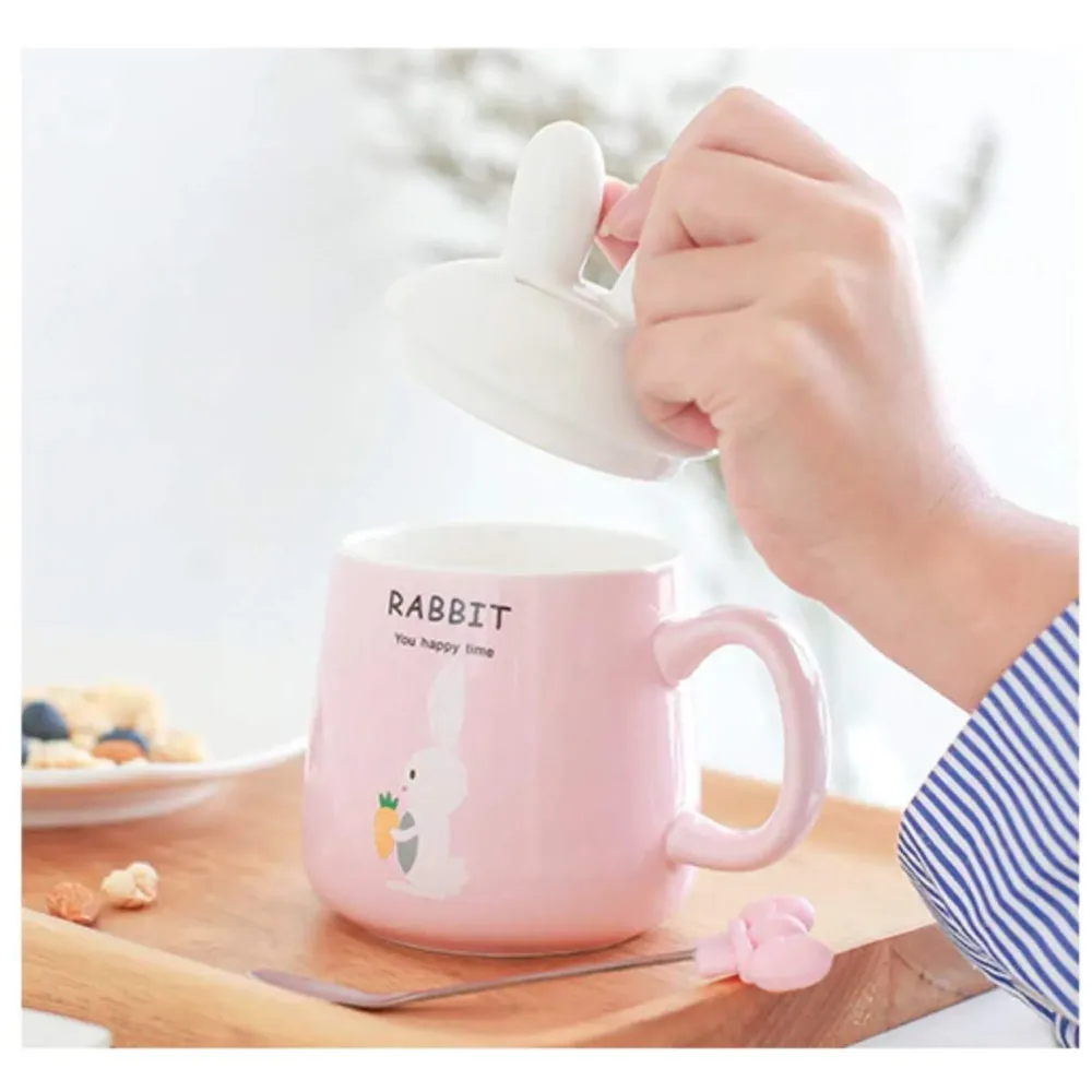3-D Molded I Cute Rabbit Animal Ceramic Mug with Spoon and Lid ~ Box Packed and High Detailing (Pink Rabbit)
