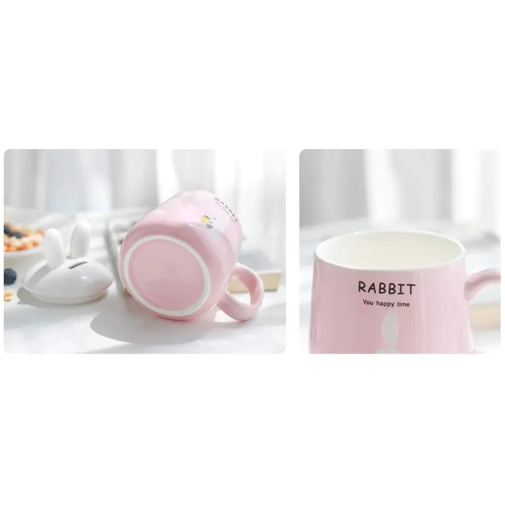 3-D Molded I Cute Rabbit Animal Ceramic Mug with Spoon and Lid ~ Box Packed and High Detailing (Pink Rabbit)