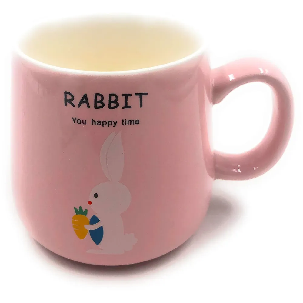 3-D Molded I Cute Rabbit Animal Ceramic Mug with Spoon and Lid ~ Box Packed and High Detailing (Pink Rabbit)