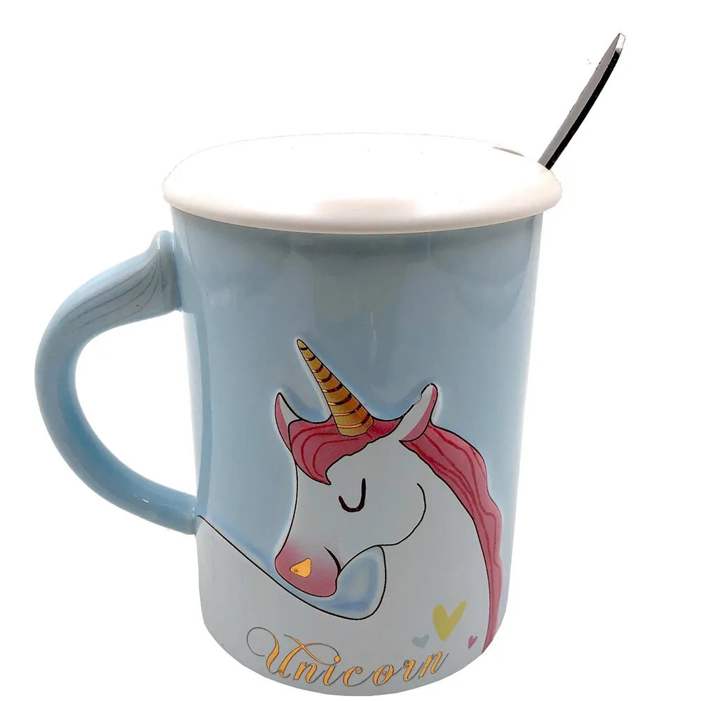 Ceramic Coffee Mug With Spoon And Lid - Blue, 350 ml