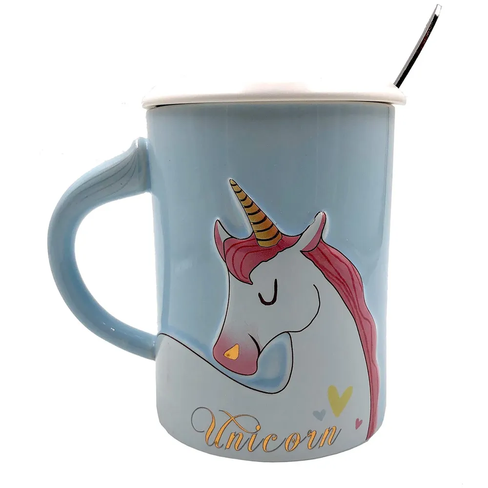 Ceramic Coffee Mug With Spoon And Lid - Blue, 350 ml