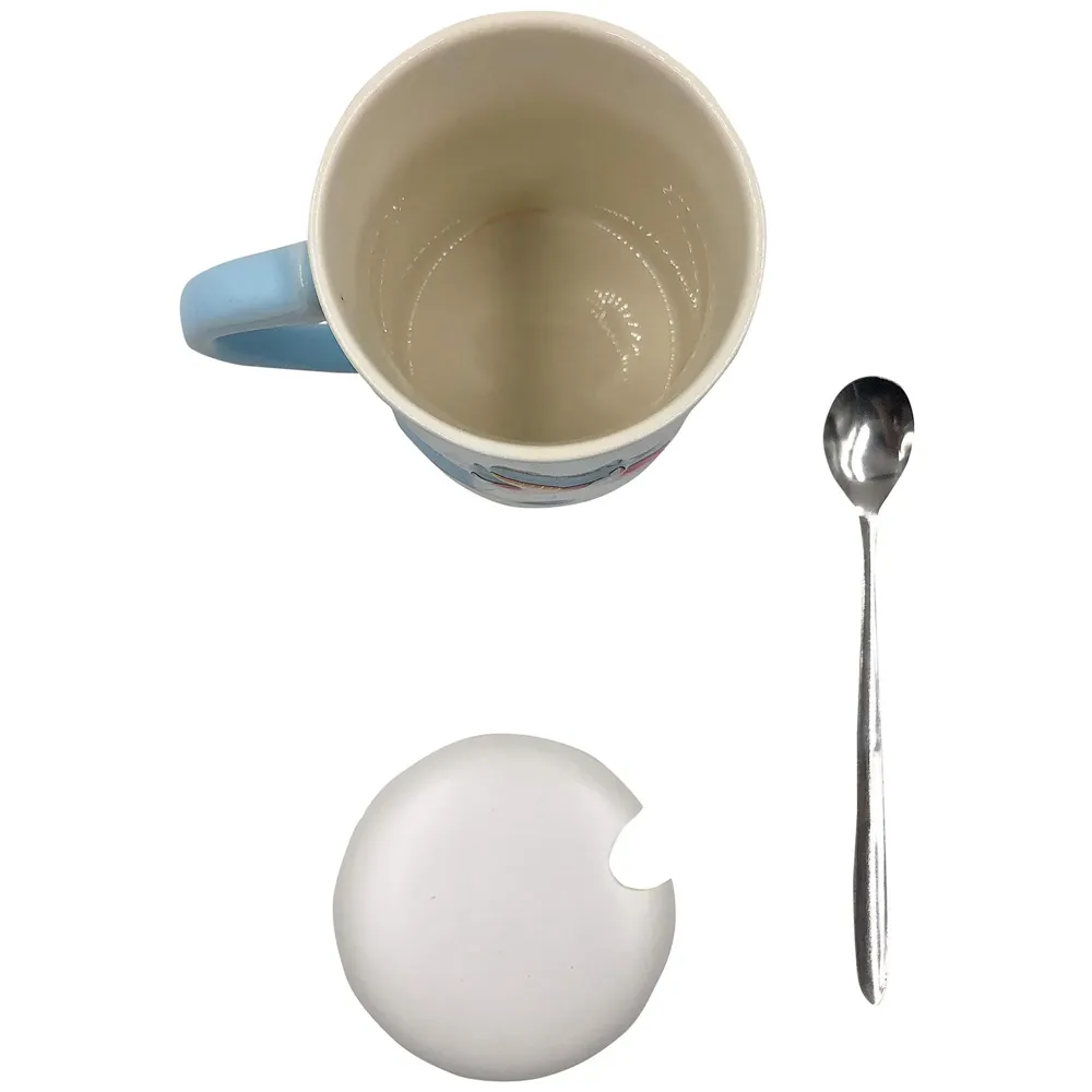Ceramic Coffee Mug With Spoon And Lid - Blue, 350 ml