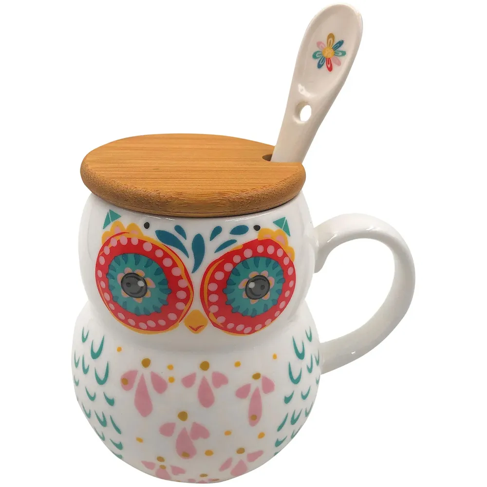 3-D Molded I Cute Animal Ceramic Mug with Spoon and Lid ~ Box Packed and High Detailing (Art Owl D)