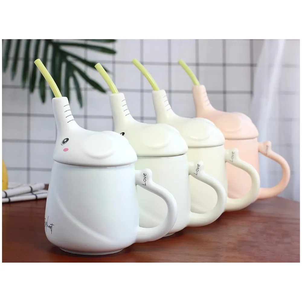 3-D Molded I Cute Animal Ceramic Mug with Spoon and Lid ~ Box Packed and High Detailing (Elephant Blue)
