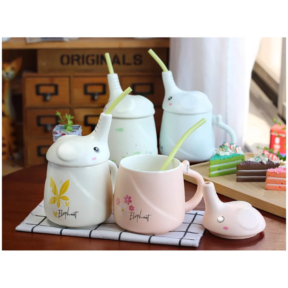 3-D Molded I Cute Animal Ceramic Mug with Spoon and Lid ~ Box Packed and High Detailing (Elephant Blue)