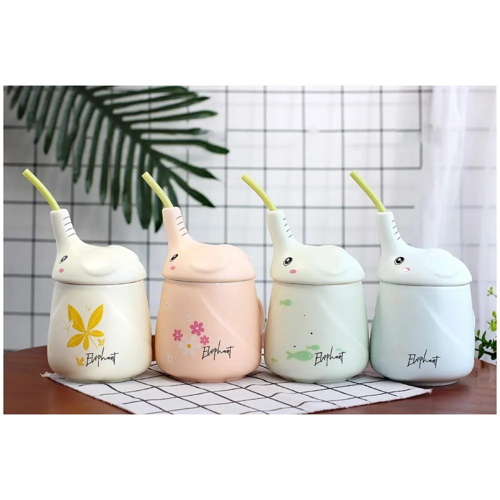 3-D Molded I Cute Animal Ceramic Mug with Spoon and Lid ~ Box Packed and High Detailing (Elephant Green)