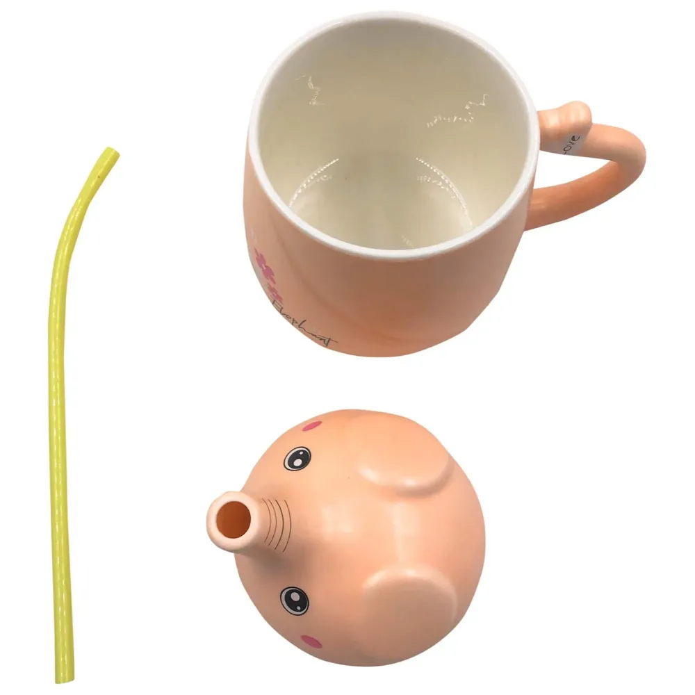 3-D Molded I Cute Animal Ceramic Mug with Spoon and Lid ~ Box Packed and High Detailing (Elephant Pink)