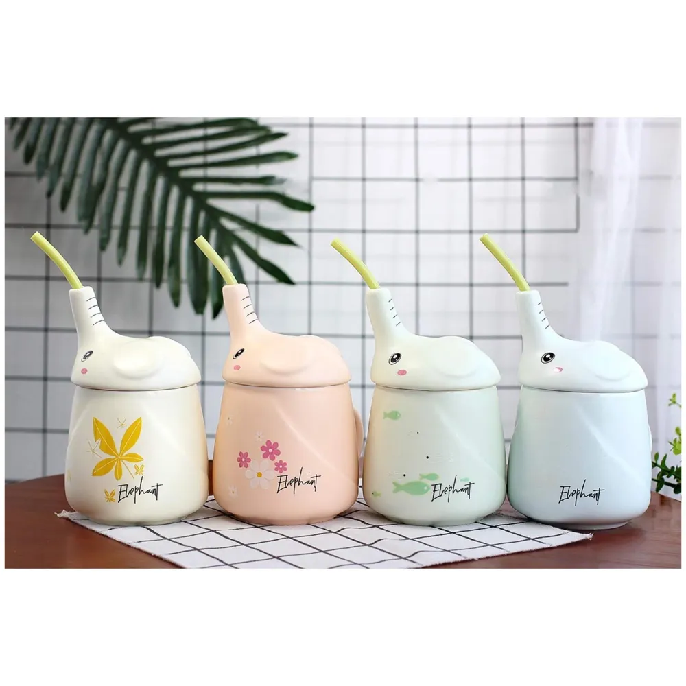 3-D Molded I Cute Animal Ceramic Mug with Spoon and Lid ~ Box Packed and High Detailing (Elephant Pink)