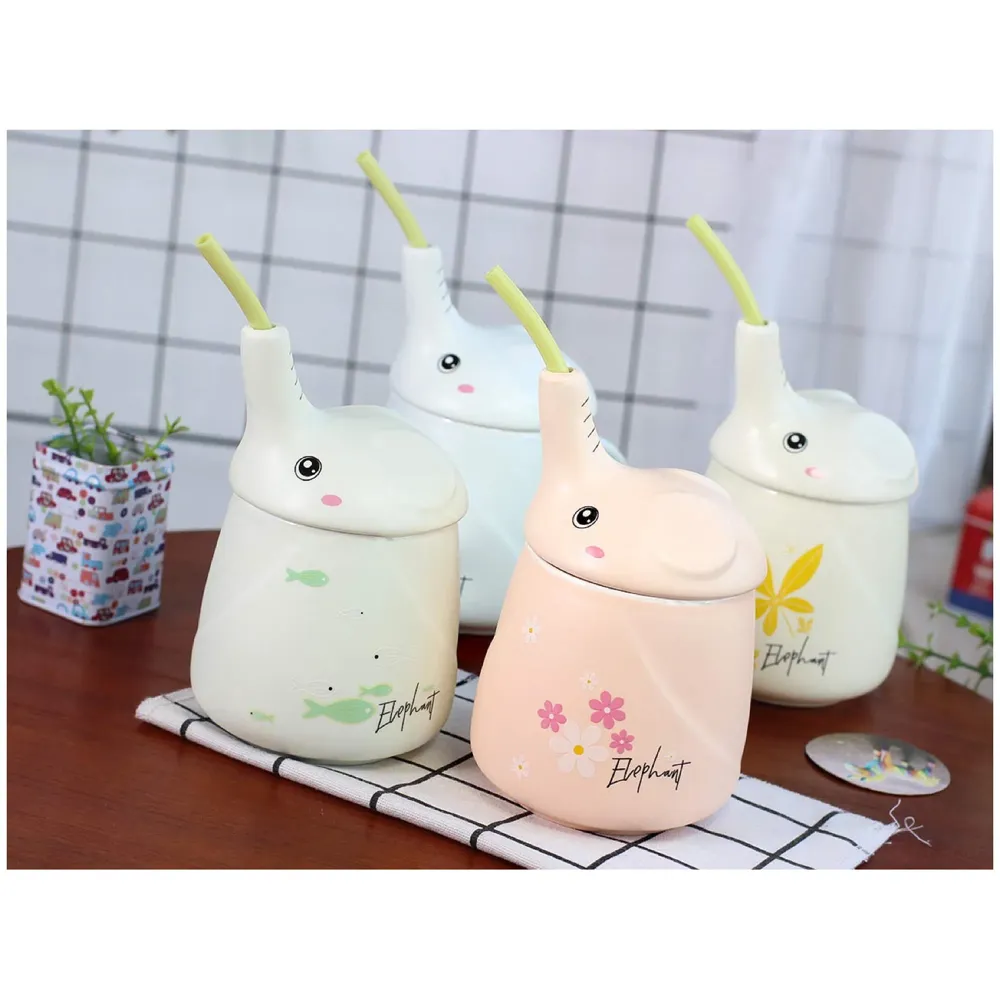 3-D Molded I Cute Animal Ceramic Mug with Spoon and Lid ~ Box Packed and High Detailing (Elephant Yellow)