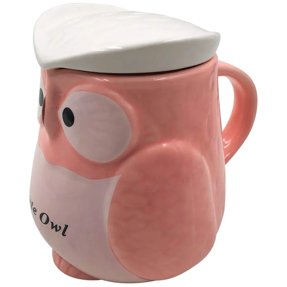 3-D Molded I Cute Animal Ceramic Mug With Spoon And Lid ~ Box Packed And High Detailing (Owl Pink)