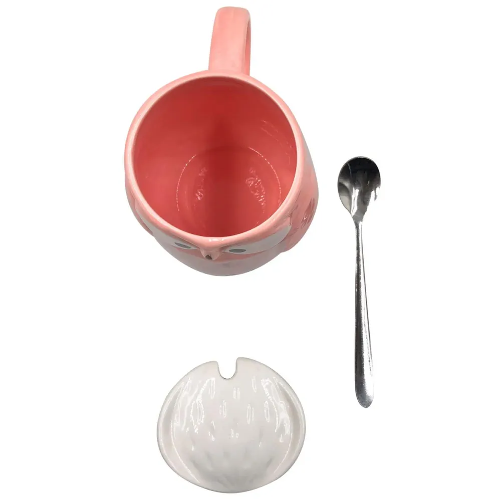 3-D Molded I Cute Animal Ceramic Mug With Spoon And Lid ~ Box Packed And High Detailing (Owl Pink)