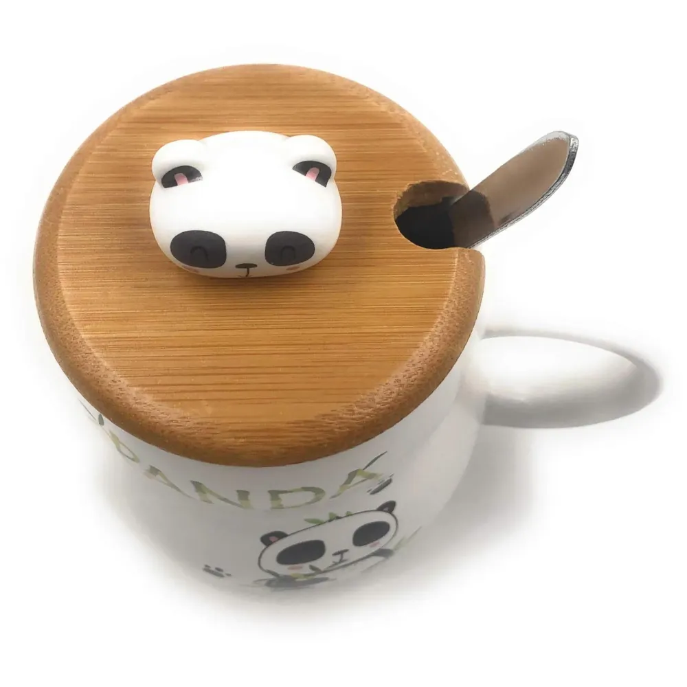 3-D Molded I Cute Animal Ceramic Mug with Spoon and Lid ~ Box Packed and High Detailing (Bamboo A)